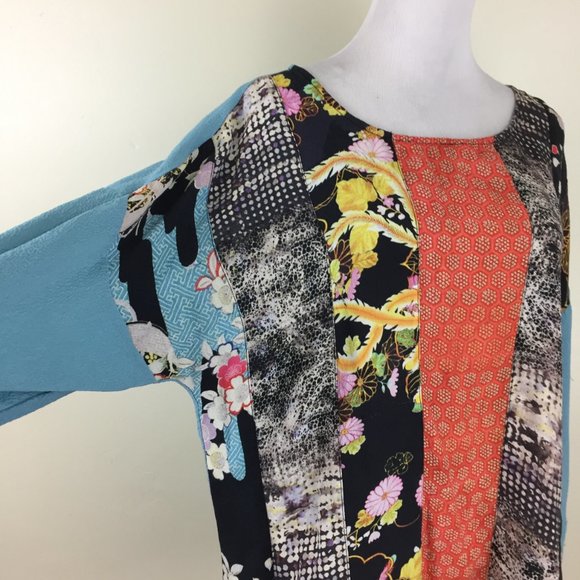 CITRON Textured Blue Multi-Color Patchwork Print 100% Silk Long Sleeve Shirt - Picture 7 of 10